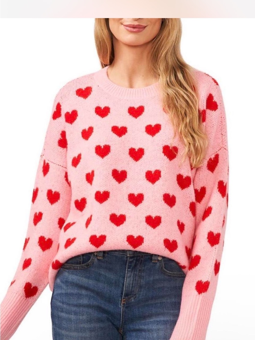 CeCe Pink Heart-Print Crewneck Sweater size L - Picture 3 of 10